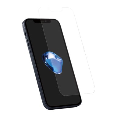 Ett Holdit-skärmskydd för iPhone 13/13 Pro/14/16e svävar precis ovanför skärmen på en svartramad smartphone, som visar en blå abstrakt form på en mörk bakgrund.