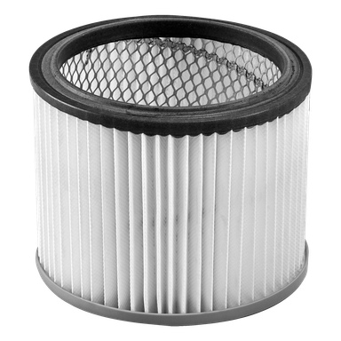 Ett Meec Tools HEPA-filter för dammutsugare med cylindrisk design, vitt plisserad yta, en övre kant av svart gummi, grå kant längst ner och ett inre nätfoder.