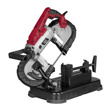 Meec Tools ME-W HOME 300 Metallschneidbandsäge mit rotem und silbernem Korpus auf schwarzem Sockel mit Klemme für Metall- oder Holzschneiden.