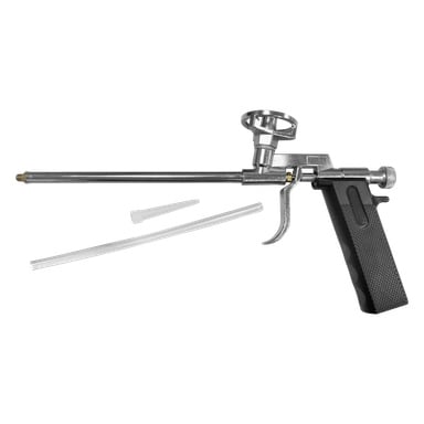 Pistolet z piany Hard Head z czarną rękojeścią, spustem i wydłużoną dyszą jest wystawiony wraz z przezroczystą plastikową rurką i małym plastikowym grotem. Elementy są rozmieszczone razem.