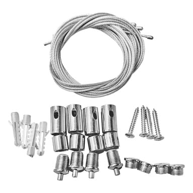 Anslut Mounting Wire Kit visar en spiralad ståltråd, ankare, kontakter, ändkapslar, skruvar och brickor prydligt arrangerade.