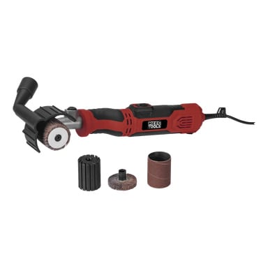 En röd och svart Meec Tools Burnishing Machine SA-W HOME 300 med strömkabel sitter med fyra avtagbara tillbehör, såsom borstar och sliptillbehör, placerade framför.