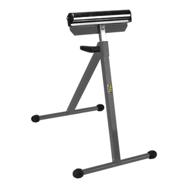 Ein höhenverstellbarer Rollerstand von Meec Tools mit schwarzem Rollertop, grauem Metallrahmen und schwarzen Gummifüßen.