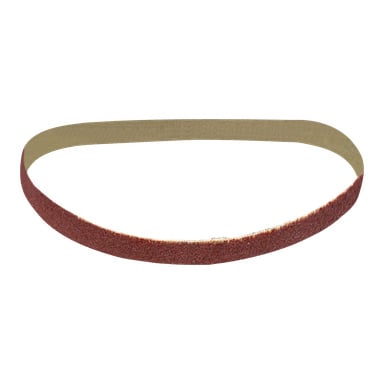 Tre ovalformede slipebånd fra Meec Tools vises, hver med en rødlig slipende overflate og et enkelt beige interiør. Beltene ser nye og ubrukte ut.