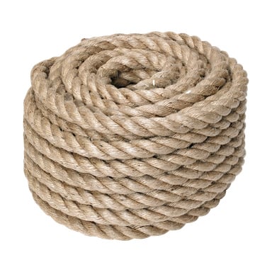 Ein dickes Hardhead-Jute-Seil ist eng in einer kreisförmigen Form gewickelt, was seine raue Textur und den hellbraunen Farbton betont.