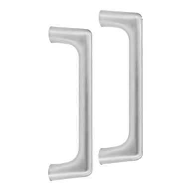 Ett par identiska Hard Head Cabinet-handtag i matt kromfinish står vertikalt bredvid varandra, båda med en L-formad design med rundade hörn. Dessa silverhandtag säljs som 2-pack.