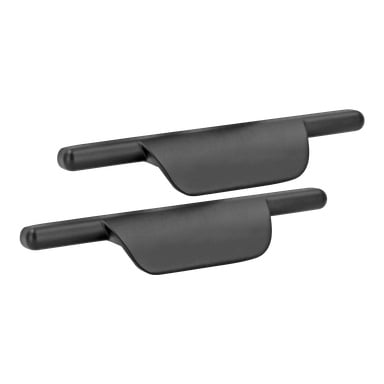 Två identiska svarta Hard Head Profile-handtag, vardera med en horisontell cylindrisk stång och en vinklad platt bas, är placerade sida vid sida. Detta paket innehåller två handtag.