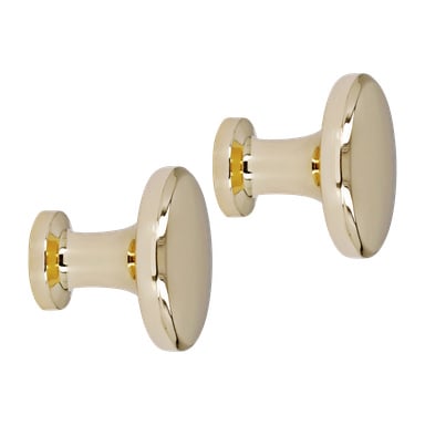 To matchende gullfargede Hard Head-dørhåndtak, solgt som 2-pakninger, hver med korte sylindriske stilker og en rund, høypolert metallfinish, vist i en liten vinkel.