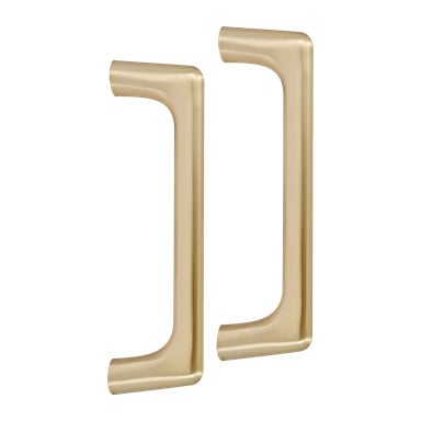 Två guldfärgade skåphandtag från Hard Head visas sida vid sida. Varje handtag, som finns i 2-pack, har en modern design med en böjd rektangulär form, rundade kanter och en slank finish.