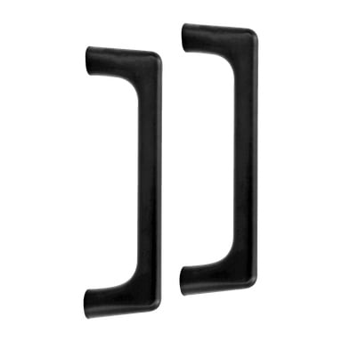 Två svarta Hard Head-skåphandtag (2-pack) är placerade vertikalt, vända mot varandra som speglade fyrkantiga konsoler.