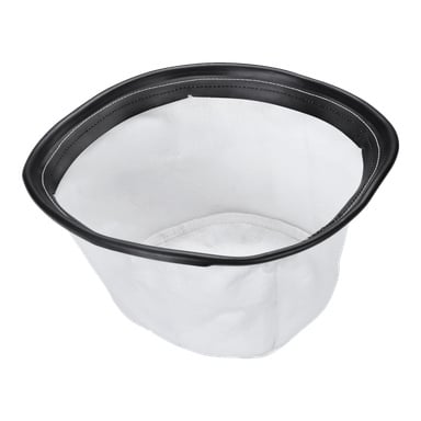 Ett Meec Tools Prefilter med cylindrisk form, gjort av vitt tyg och accentuerat av en svart flexibel plastkant, står upprätt. Filterpåsen ser tom ut och fångas från en något upphöjd vinkel.