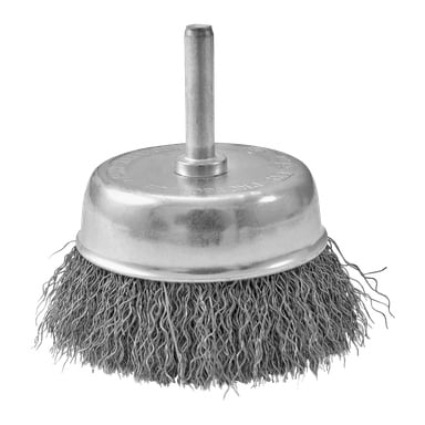Meec Tools Cup Brush med stramt tvunne trådbørster, et metalltoppdeksel og en sylindrisk skaft designet for å passe elektriske verktøy.