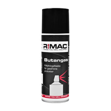 En svartvit behållare med Rimac Butane-gas, med instruktioner för påfyllning av gasdrivna produkter, med svart lock och röda detaljer på etiketten.