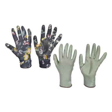 Zestaw Bluewear Gardening Gloves 2 Pairs zawiera jedną parę z kwiatowym wzorem na ciemnym dnie, a drugą w jednolitym jasnozielonym kolorze. Oba są wykonane z elastycznego materiału i mają elastyczne nadgarstki, które zapewniają komfort.