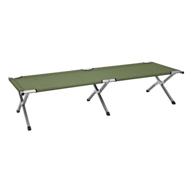 Ein grünes Kayoba Outdoor Camp-Bett mit Metallrahmen und Stoff-Schlaffläche ist vollständig ausgeklappt auf vier Beinpaaren gezeigt.