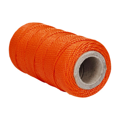 En närbild av en rulle Hard Head Polyester-snöre i livfullt orange, prydligt lindad runt en cylindrisk kartongkärna.