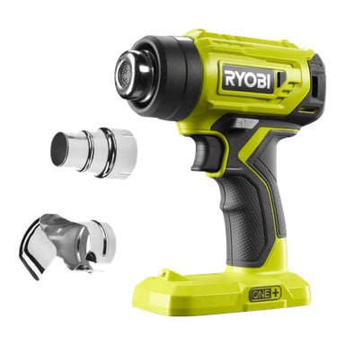 En Ryobi One+ R18HG-0 varmluftspistol i gult och svart med pistolgrepp, märkt med Ryobi-märkning på sidan, är placerad bredvid två metallmunstycken.