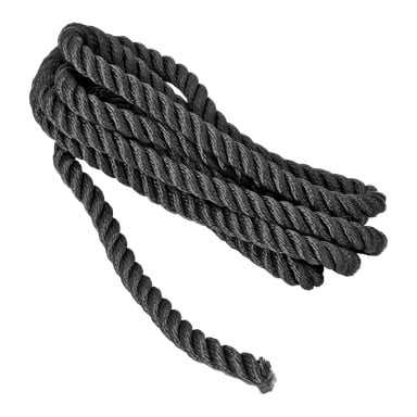 Ein dickes schwarzes Hardhead-Polyesterseil mit verdrehten Fäden ist aufgewickelt, wobei ein Ende locker und das andere ordentlich in die Spirale gesteckt ist.