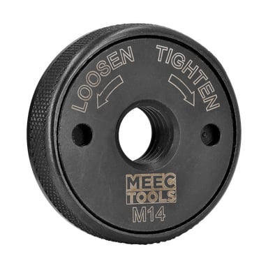 Okrągła metalowa nakrętka od Meec Tools, z napisami "LOOSEN" i "TIGHTEN" ze strzałkami kierunkowymi, oznaczeniem "M14" na dole, teksturowaną krawędzią z naciąganiem oraz gwintowanym otworem pośrodku.
