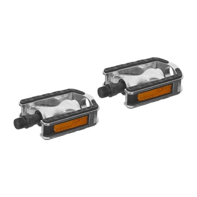 To svarte og sølvfargede Kayoba-sykkelpedaler med oransje reflektorer vises, lett vinklet og orientert i motsatte retninger.