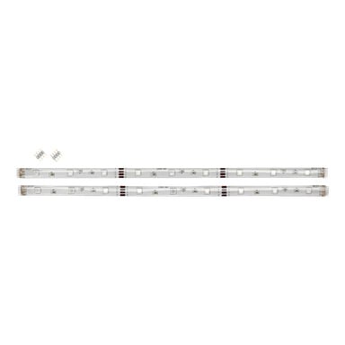 Två Anslut RGB LED-strimmor (2-pack) är placerade sida vid sida. Remsorna visar små elektroniska komponenter och kopparkontakter, med två små kontakter synliga i det övre vänstra hörnet.