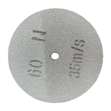 En rund, grå slipskiva från Meec Tools med ett centralt hål och de svagt synliga markeringarna "60 11" och "35m/s" på dess texturerade, gryniga yta.