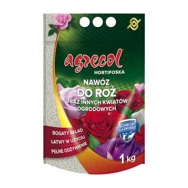 Worek nawozu Agrecol Rose o wadze 1 kg przeznaczonego dla róż i innych kwiatów ogrodowych, ozdobiony zdjęciami różnych róż oraz informacjami o produktach podkreślającymi jego zalety i bezpieczne stosowanie w pobliżu zwierząt.
