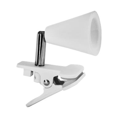 En vit LED-klämspotlight gjord av plast och metall, med en konformad hållare och klämmemekanism, avsedd för stabil fäste och fokuserad belysning av mindre områden eller föremål.
