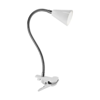 En vit LED-klämspotlight från Anslut, utrustad med en flexibel silverarmsknut och en konformad lampskärm, designad för att enkelt fästas på ytor som skrivbord eller hyllor.