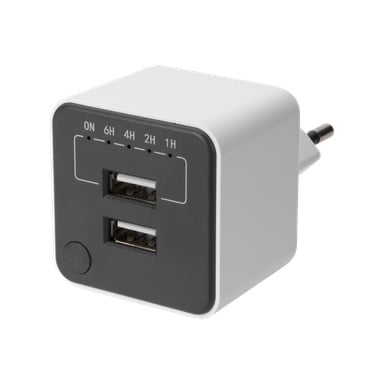 Anslut Charger: kompakt vit laddare med två USB-portar, en rund knapp, en timerratt med alternativ PÅ, 6H, 4H, 2H och 1H, plus en europeisk kontakt.