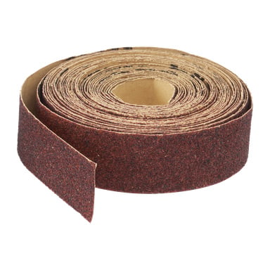 En Meec Tools sandpappersrulle med en grov, rödbrun slipsida synlig när änden delvis rullas ut, vilket visar både dess gryniga textur och släta baksida.
