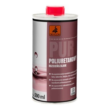Puszka Dragon PU Solvent DRP500 o pojemności 500 ml z czerwoną nakrążką, przeznaczona do stosowania z produktami poliuretanowymi, narzędziami czyszczącymi i usuwaniem plam. Etykieta wyświetla ikony bezpieczeństwa oraz instrukcje użycia.