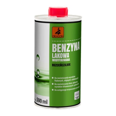 Puszka 500 ml rozpuszczalnika naftowego DBL500 Dragon Modified Painter's z czerwoną nakrętką. Puszka wyświetla zieloną etykietę z białym tekstem zawierającym instrukcje użytkowania.