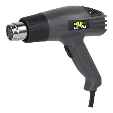 En svart och grå varmluftspistol från Meec Tools med metallmunstuk, ergonomiskt handtag och ansluten strömkabel, visad i en sidovy.