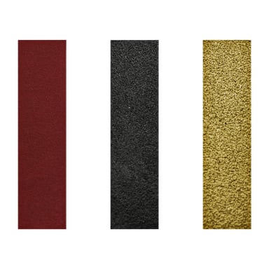 Trettio sandpappersbitar från Meec Tools för filbandslipare, var och en med tre jämnt fördelade vertikala remsor i mörkrött, svart och guld samt en texturerad finish.