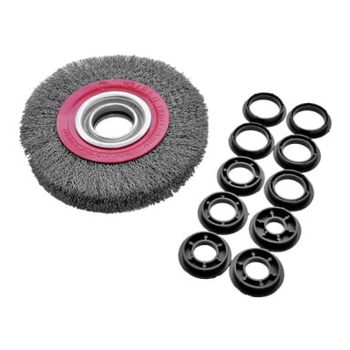 En Meec Tools rundborste med en röd mittring står bredvid tio svarta plastadaptrar eller distanser, organiserade i två rader.