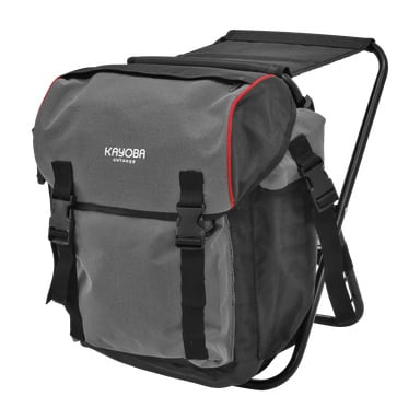 Ein schwarz-grauer Kayoba-Rucksack hat rote Akzente, Seitentaschen aus Netz und schwarze Schnallen. Er ist zum Wandern oder Camping gedacht und beinhaltet einen integrierten klappbaren Metallhocker.