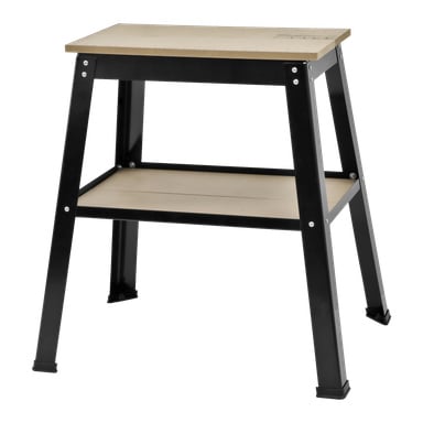 Meec Tools Machine Table är en liten, rektangulär arbetsbänk med en lätt träyta, solida svarta metallben och en extra trähylla under. Dess enkla design passar den väl för verkstäder eller garage.