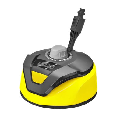 Ett cirkulärt Kärcher T5 T-Racer terrassrengöringstillbehör för högtryckstvätt, designat i gult och svart, med en grå justeringsknapp och en svart kontakt upptill.