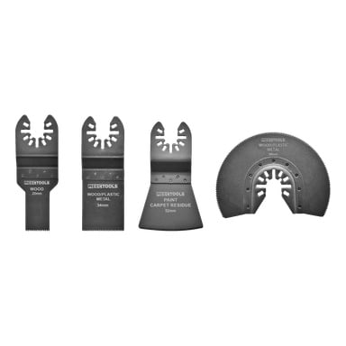 Meec Tools -lisävarustesetti monitoimityökaluille, 4-pakkaus. Sisältää terät 20 mm:stä 88 mm:iin. Merkitty puulle, muoville, metallille, maalille ja maton jäämille