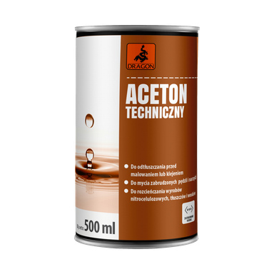 Puszka Dragon Technical aceton DAC500 o pojemności 500 ml z tekstem opisującym jego zastosowania, w tym odtłuszczanie i czyszczenie. Etykieta jest biała i pomarańczowa, z grafiką kropli cieczy.