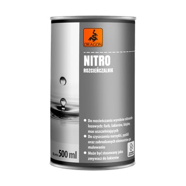 Puszka Dragon Nitro rozpuszczalnika DRN500 o pojemności 500 ml, przeznaczona do rozrzedzania materiałów nitrocelulozowych. Puszka ma srebrną etykietę z czarnymi i pomarańczowymi detalami oraz zawiera instrukcje użycia.