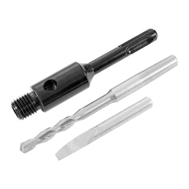 Meec Tools Hole Saw Holder 3-delt sett vises med tre metalltilbehør: en svart adapter med gjengeende og to hull, en sølv vridd bor og et sølvverktøy formet som en meisel.