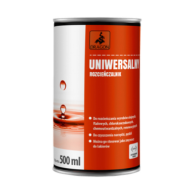 Puszka Dragon General Purpose Solvent DRU500 o pojemności 500 ml z pomarańczową etykietą zawiera grafikę kropli cieczy i falowania, a także ostrzeżenia dotyczące stosowania w rozcieńczaniu farby, narzędziach czyszczących oraz kompatybilności z niektórymi żywicami.