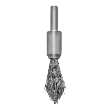 Meec Tools End Brush har en sylindrisk metallkropp med et glatt håndtak og stramt tvunne trådbørster i enden, beregnet for bruk med elektroverktøy til rengjøring eller forberedelse av overflater.