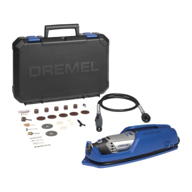 Ett Dremel 3000-1/25 roterande verktygskit, inklusive svart bärväska, elektriskt roterande verktyg, flexibel axelfäste, flera slip- och skärtillbehör samt en liten skiftnyckel – alla Dremel-märkta – arrangerade tillsammans.