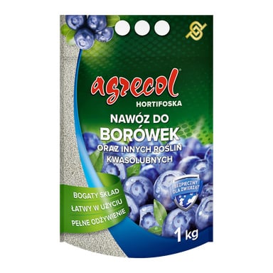Worek nawozu Agrecol Bilberry o wadze 1 kg przeznaczony dla roślin lubiących kwasy, zawierający zdjęcia jagód i detale produktów na tle zieleni i niebieskich.