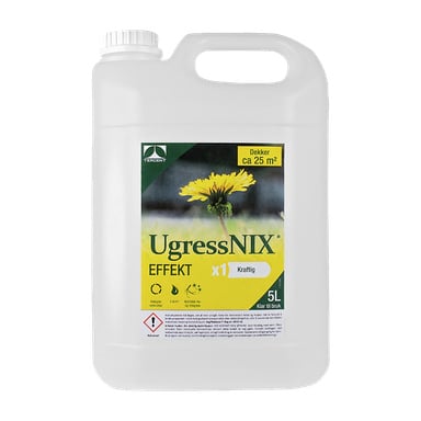 En 5-liters plastbeholder med Tergent's Vinegar ugressmiddel UgressNIX Effekt, med en etikett med løvetanngrafikk, bruksanvisning og sikkerhetsinformasjon. Etiketten sier at den behandler omtrent 25 kvadratmeter og er klar til påføring.