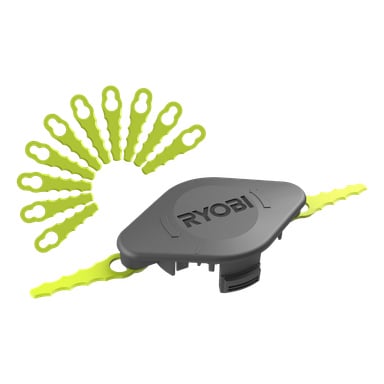 Ryobi One+ RAC155 -korvaava teräsarja trimmeriksi on esitellään, jossa on musta kotelo, jossa on Ryobi One+ -logo, sekä useita vihreitä muoviteriä, jotka on aseteltu puolikaaren muotoon.