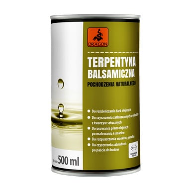 Puszka Dragon Gum terpentine DTB500 o pojemności 500 ml z pomarańczową etykietą wyświetlającą obraz kropelki. Produkt ten służy do czyszczenia farby olejnej, usuwania plam oraz czyszczenia butów.